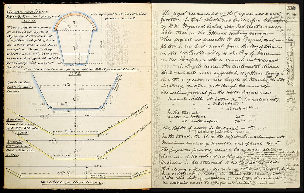 A.B. Nichols’ study of the original French plan of 1879 for a sea-level canal with a tunnel through the mountains. From A.B. Nichols’ Notebooks. 
View left image in Digital Collection »
View right image in Digital Collection »