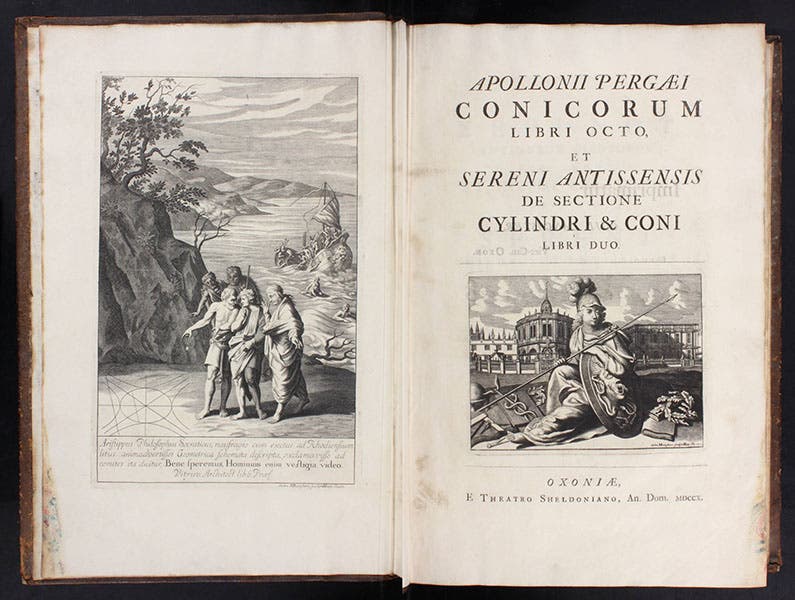 The frontispiece and title page of Apollonius, Conicorum, 1710 (Linda Hall Library)