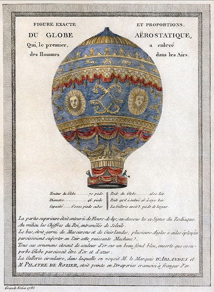 The Montgolfier balloon that flew on Nov. 21, 1783, with d’Arlandes and Pilâtre de Rozier onboard and visible, broadside, 1786 (Library of Congress via Wikipedia)