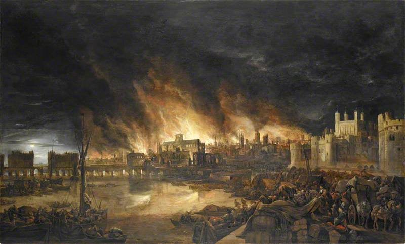 The Great Fire of London, oil on panel, by an unknown Dutch artist, 1666, Museum of London (artuk.org)