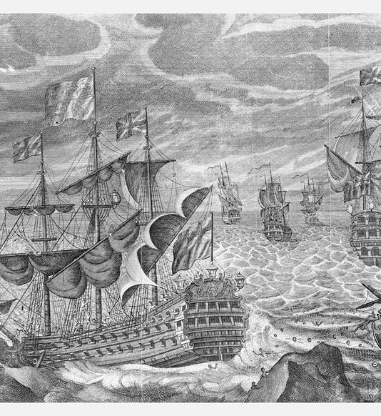 The IsIes of Scilly naval disaster, Oct. 22, 1707, with the loss of four ships and perhaps 2000 men, contemporary engraving, 1707, National Maritime Museum, Greenwich (rmg.co.uk)