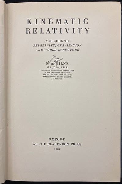 Title page, Kinematic Relativity; A Sequel to Relativity, Gravitation and World Structure, by E. A. Milne, 1948 (Linda Hall Library)