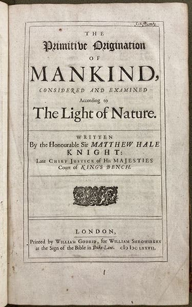 Title page, Matthew Hale, The Primitive Origination of Mankind, 1677 (Linda Hall Library)
