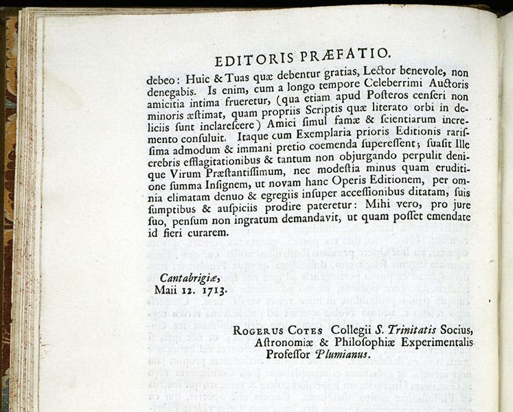 Signature of Roger Cotes, May 12, 1713, at the end of the editor’s preface, Principia, by Isaac Newton, second edition, 1713 (Linda Hall Library)