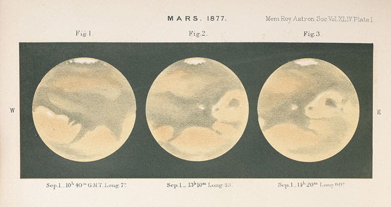 Detail of second image, three views of Mars, drawn and lithographed by Nathaniel Green, for his article, "Observations of Mars, at Madeira, in August and September 1877," Memoirs of the Royal Astronomical Society, vol. 44, 1879 (Linda Hall Library)