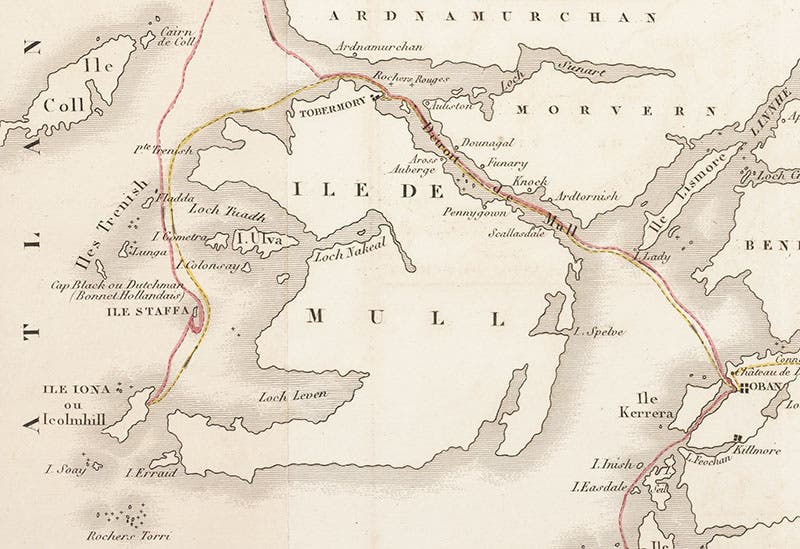 Map of isles of Mull and Staffa, detail of engraving, from Panckoucke, L'Ile de Staffa, 1831 (Linda Hall Library)