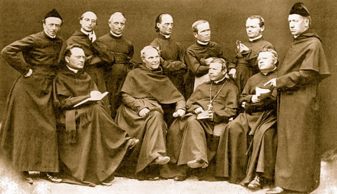 The monks at the Augustinian Abbey of St. Thomas in Brno, Moravia, photograph, 1862; Gregor Mendel is the second from right, holding a pea plant (static.origos.hu)