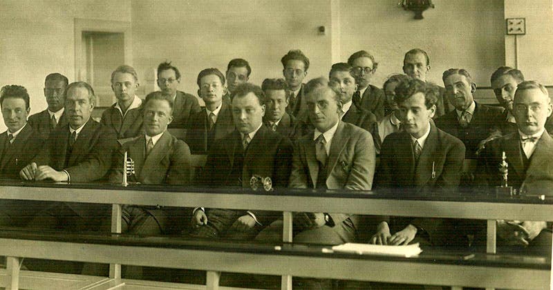 Group portrait of 1930 Copenhagen conference; the central five in the front row are, from left, Niels Bohr, Werner Heisenberg, Wolfgang Pauli, George Gamow, and Lev Landau (medium.com)