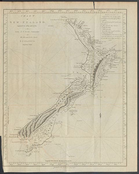 Chart of New Zealand, North and South Islands, compiled and drawn by James Cook, 1770, in John Hawkesworth, An Account of the Voyages, 1773 (Linda Hall Library)