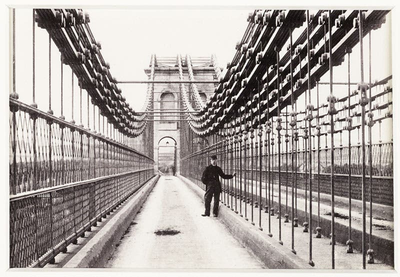 Closer view of the 16 chains, in four groups of four, that support the Menai Bridge roadway, each link in the chain being formed of 5 wrought-iron rods bolted together, photograph, ca 1880, National Media Museum (Wikimedia commons)