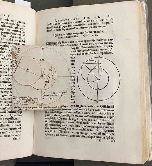 Manuscript diagram of a Tusi couple, in ink with annotations, inserted at the page with a printed Tusi couple, in the Library’s copy of Nicholas Copernicus, <i>De revolutionibus</i>, 1543 (Linda Hall Library, photo by Karl Galle)