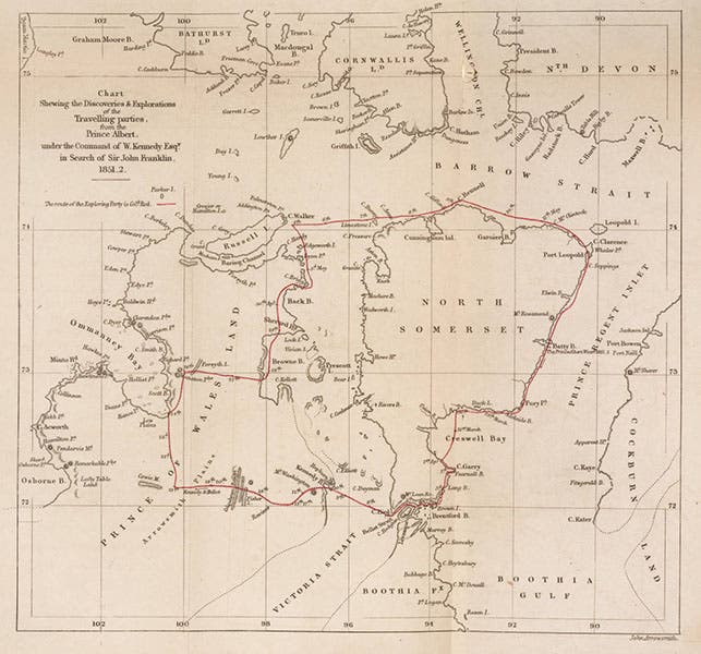 Map of the part of the Arctic archipelago explored by Bellot and Kennedy; Bellot strait is near the bottom, across the narrow waist of North Somerset; Wellington Channel, where Bellot died, is at upper right center; from William Kennedy, A Short Narrative of the Second Voyage of the Prince Albert, 1853 (Linda Hall Library)