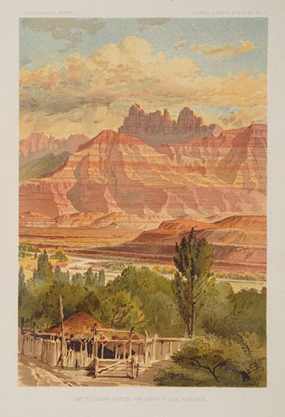 “Smithsonian Butte – Valley of the Virgen,” chromolithograph from a drawing by William Henry Holmes, frontispiece, Tertiary History of the Grand Cañon District, by Clarence E. Dutton (USGS Monograph, 2), 1882, copy 2 (Linda Hall Library)