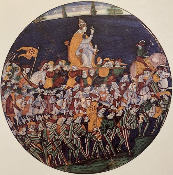 Majolica platter depicting Hanno the elephant and Pope Leo X, 1516, Victoria and Albert Museum, as depicted on the dust jacket of The Pope's Elephant, by Silvio Bedini, U.S. edition, 1998 (author’s copy)