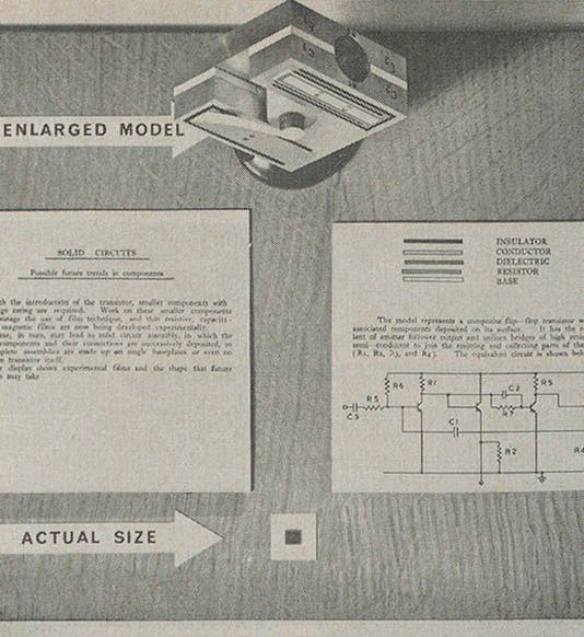 Photograph of a silicon “solid circuit” model displayed at the 1957 International Symposium on Electronic Components, from G.W.A. Dummer, “Integrated Electronics – A Historical Introduction,” <i>Electronics and Power</i>, Mar. 1967 (Linda Hall Library)