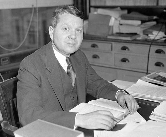 Urey at his desk, photograph, late 1940s? (Northwest Indiana Times)