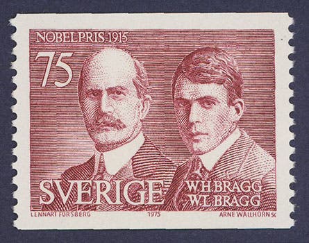 William and Lawrence Bragg on a Swedish postage stamp, 1975 (jgiesen.de)
