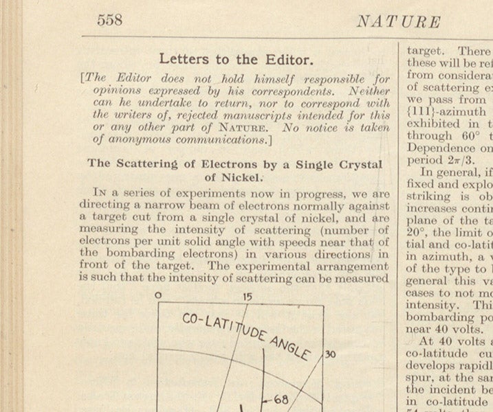 First paragraph of “The scattering of electrons by a single crystal of nickel,” by Clinton Davison and Lester Germer, in Nature, vol. 119, 1927 (Linda Hall Library)