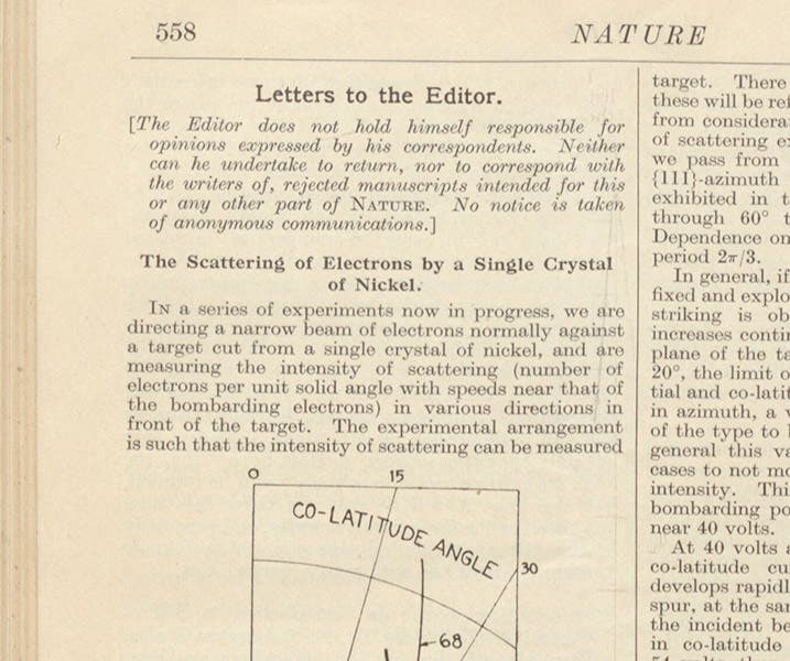 First paragraph of “The scattering of electrons by a single crystal of nickel,” by Clinton Davison and Lester Germer, in Nature, vol. 119, 1927 (Linda Hall Library)