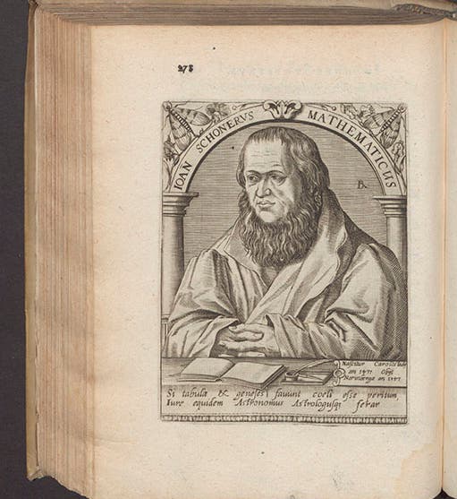 Portrait of Johann Schöner, engraving by Theodore de Bry, from J.J. Boissard, <i>Icones quinquaginta virorum illustrium</i>, 1597-99 (Linda Hall Library)