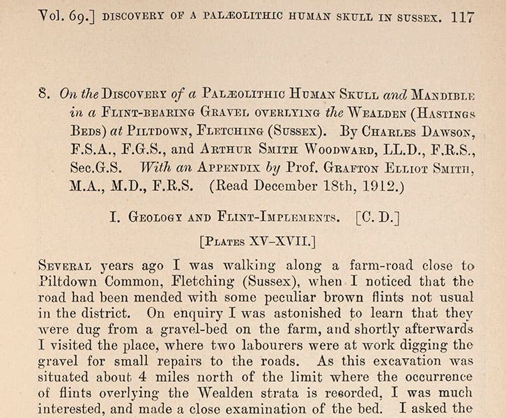First page of paper by Dawson and Woodward on the discoveries at Piltdown, Quarterly Journal of the Geological Society of London, 1913 (Linda Hall Library)