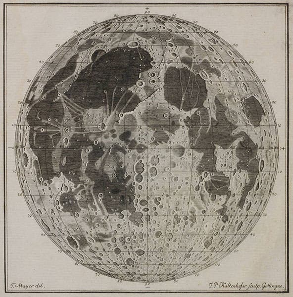 Lunar map, drawn by Tobias Mayer, engraved by Joel Paul Kaltenhofer, from Mayer’s Opera inedita, 1775 (Linda Hall Library)