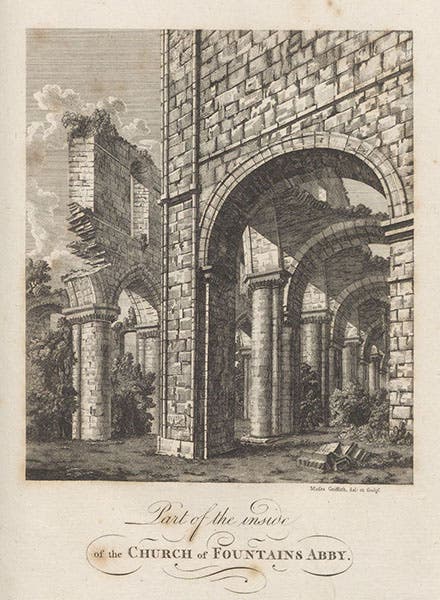 The ruins of Fountains Abby in Yorkshire, drawn and etched by Moses Griffith, The Literary Life of the late Thomas Pennant, by Thomas Pennant, p. 16, 1793 (Linda Hall Library)
