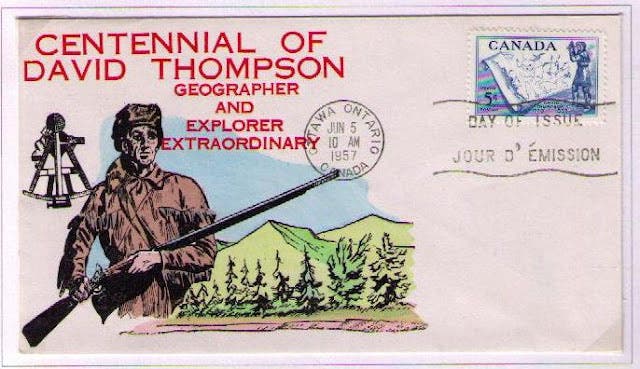 First day cover honoring David Thompson, hand-painted, with 1957 Canadian stamp affixed and cancelled, blog of Andrew J. Liptak (postalhistorycorner.blogspot.com)