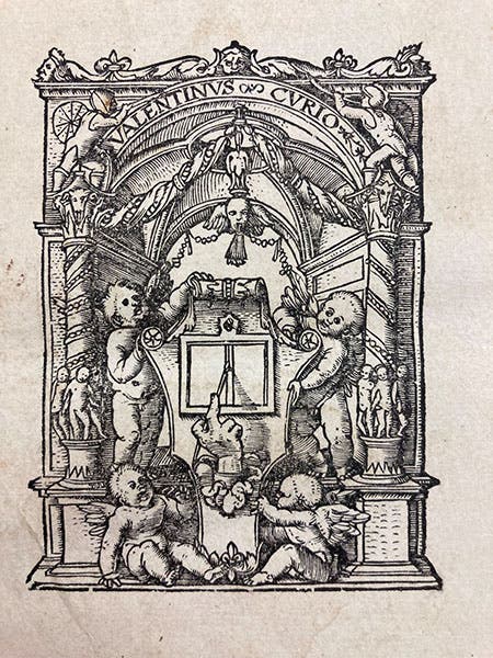 Printer’s device for Valentinus Curio of Basel, by Hans Holbein, Strabonis geographicorum, last page, 1523 (The Linda Hall)