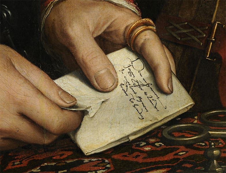 Detail from Holbein’s portrait showing the letter addressed “to the honorable Georg Giese at London in England my brother deliver by hand”