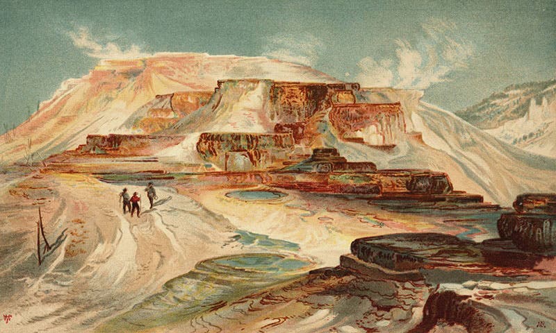 “Mammoth Hot Springs,” chromolithograph after an oil painting by Thomas Moran, in Ferdinand Hayden, Annual Report … of the Survey of the Territories … for 1878, publ. 1883 (Linda Hall Library)