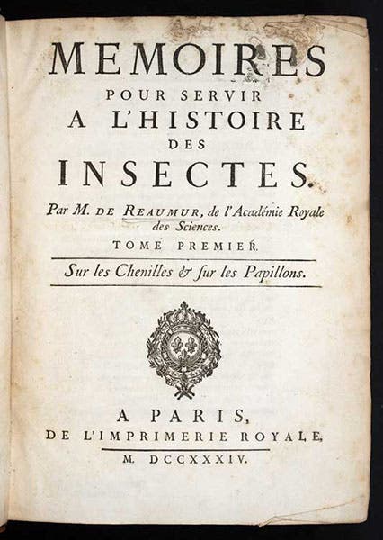 Title page, Mémoires pour servir a l'histoire des insectes, by Réne-Antoine Ferchault de Réaumur, vol. 1, 1734 (Linda Hall Library)