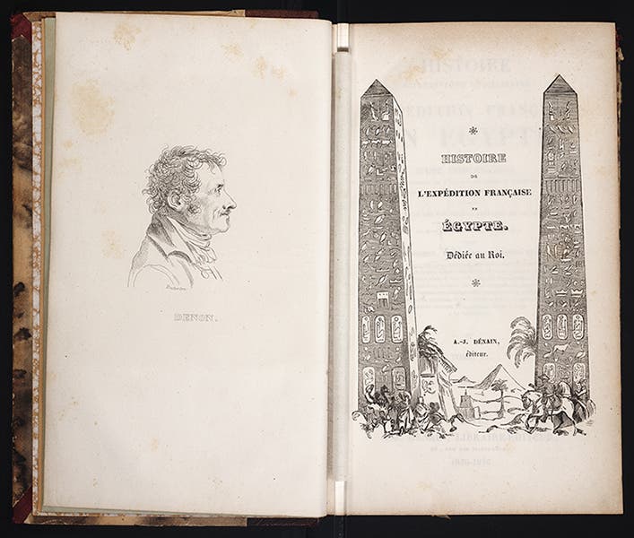 Title page of vol. 6, with engraved portrait of Domenique-Vivant Denon, by André Dutertre, as a frontispiece, Histoire scientifique et militaire de l'expédition française en Egypte, by Louis Reybaud, text vol. 6, 1830-36 (Linda Hall Library)