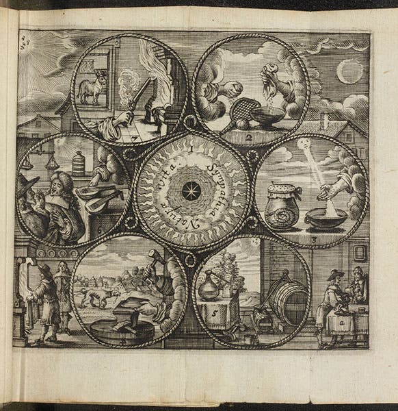 Frontispiece, showing examples of sympathetic effects, Theatrum sympatheticum, 1660 (Linda Hall Library)