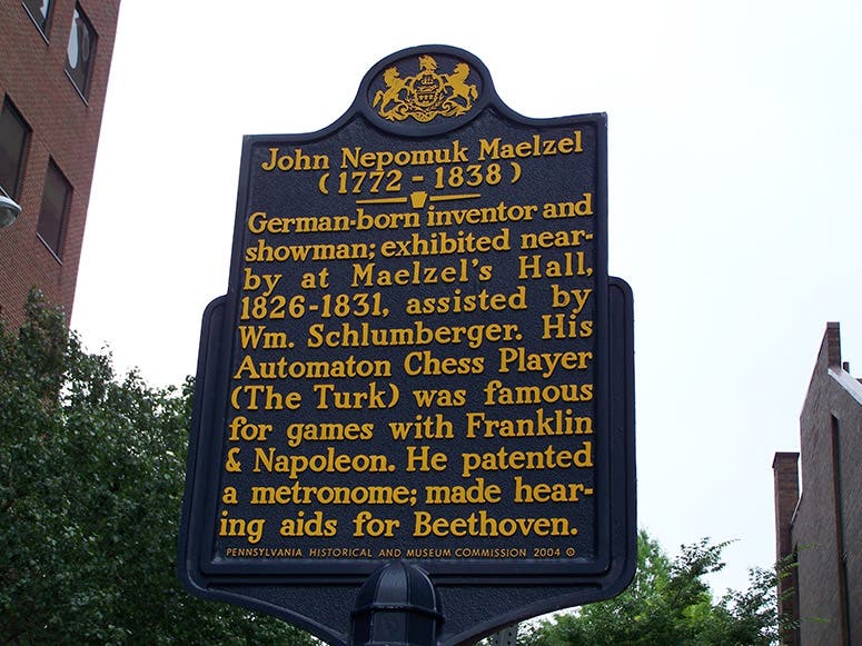 Historical plaque for Johann Nepomuk Maelzel, 5th Street and St. James, Philadelphia (recently reported missing) (hmdb.org)