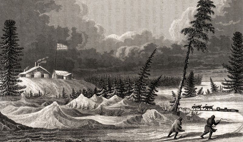 A winter view of Fort Franklin on Great Bear Lake, detail of engraving, John Franklin, Narrative of a Second Expedition, 1828 (Linda Hall Library)