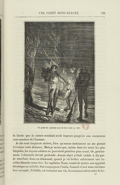 Captain Nemo and Professor Aronnax in their diving suits on the ocean floor, wood engraving after drawing by Alphonse de Neuville, in Vingt mille lieues sous le mers, by Jules Verne, 1871, copy in Bibliothèque nationale de France (gallica.bnf.fr)