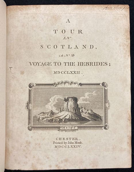 Title page, A Tour in Scotland, and Voyage to the Hebrides; MDCCLXXII, by Thomas Pennant, vol. 1, 1774 (Linda Hall Library)