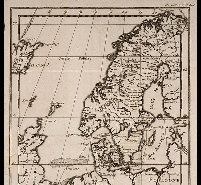Map of Scandinavia, showing the Gulf of Bothnia and the town of Tornea (Tornio), where the French expedition to Lapland was headquartered in 1736-37, from Abbé Réginald Outhier, Journal d'un voyage au nord, en 1736 & 1737, 1744 (Linda Hall Library)