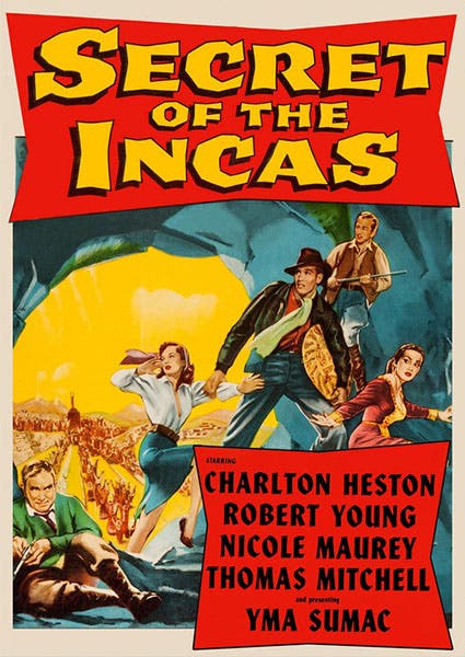 Movie poster, Secret of the Incas (1952), with Charleton Heston as Harry Steele (kinolorber.com)