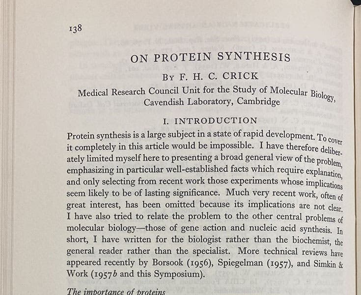 First paragraph of a paper by Francis Crick, “On protein synthesis,” in Symposia of the Society for Experimental Biology, vol. 12, p. 138, 1958 (The Linda Hall)