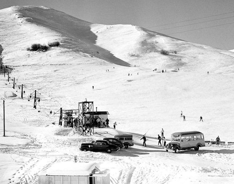 One of the original Curran chair lifts installed at Sun Valley, Idaho, in 1936, photograph, 1940s? (smithsonianmag.com)