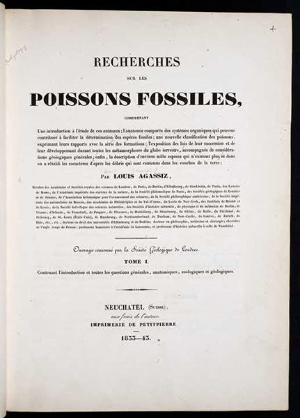 Title page, Recherches sur les poissons fossils, by Louis Agassiz (Linda Hall Library)
