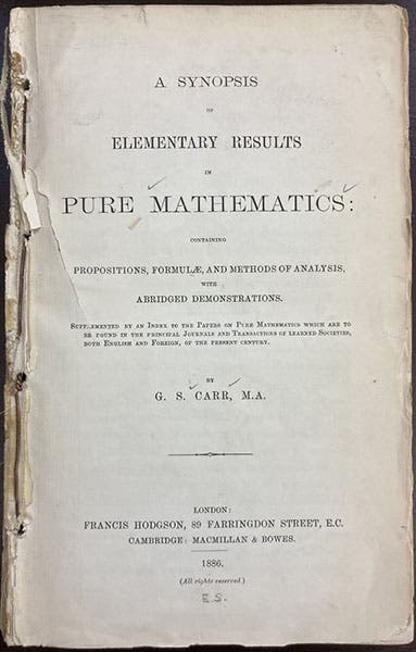 Title page, A Synopsis of Elementary Results in Pure Mathematics: Containing Propositions, Formula, and Methods of Analysis, by G. S. Carr, 1886 (Linda Hall Library)