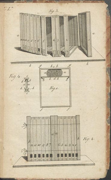 Book hive, engraving, plate 1 in Nouvelles observations sur les abeilles, by François Huber, 1792 (Linda Hall Library)