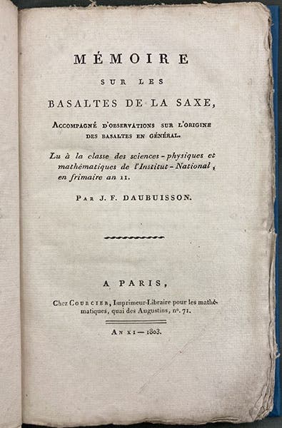 Title page, Mémoire sur les basaltes de la Saxe, by Jean-François d’Aubuisson de Voisins, 1803 (Linda Hall Library)