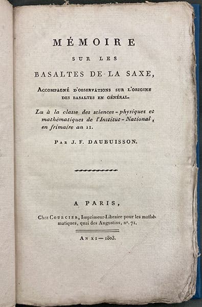 Title page, Mémoire sur les basaltes de la Saxe, by Jean-François d’Aubuisson de Voisins, 1803 (Linda Hall Library)