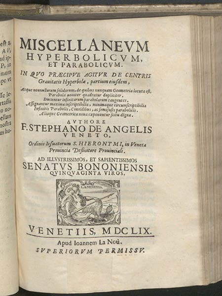 Title page, Miscellaneum hyperbolicum et parabolicum, Stefano degli Angeli, 1659 (Linda Hall Library)