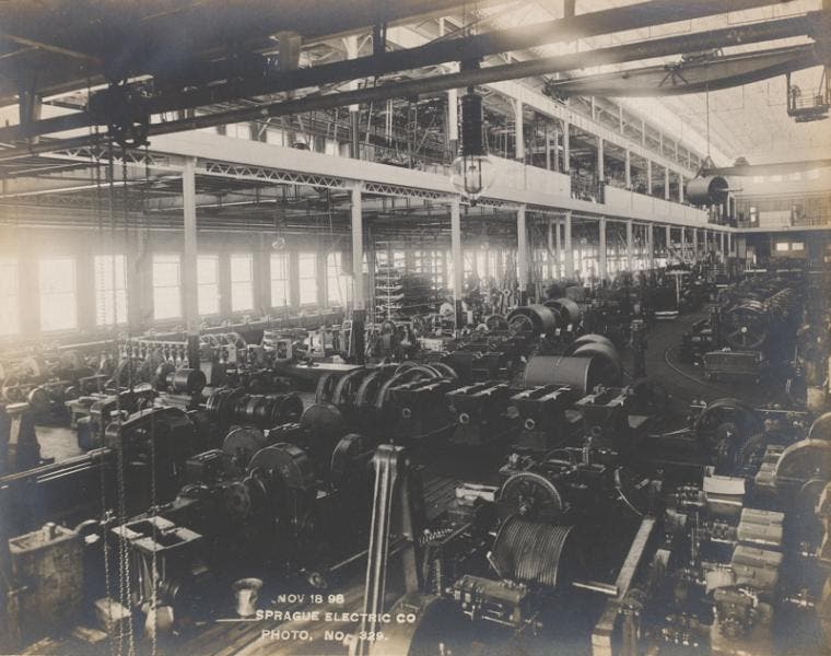 A Sprague electric motor factory, location unknown, photograph, 1896, the Frank J. Sprague Collection, New York Public Library (digitalcollections.nypl.org)