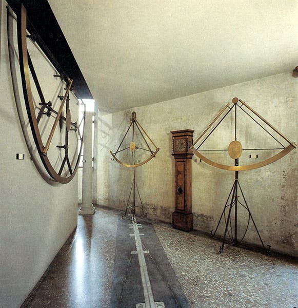 Hall of the Meridians at the Museo della Specola in Bologna, showing the instruments owned by Luigi Marsili and used by Eustachio Manfredi (Archives of the University of Bologna)